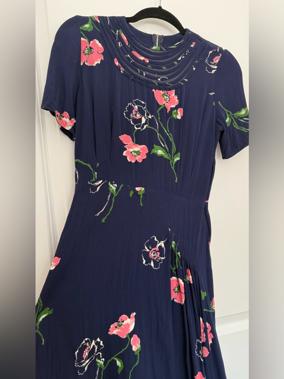 1940s True Vintage Rayon Floral  Midi Dress Navy S
